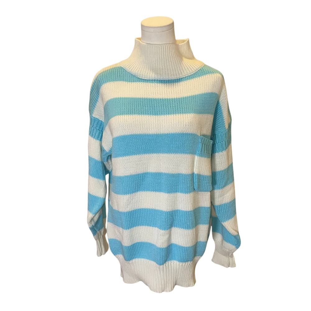Vintage 90s Trader Bay Striped Turtleneck Sweater Blue White Oversized